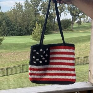 American Flag Crocheted Stars and Stripes Crocheted Handles Womens Purse / Bag